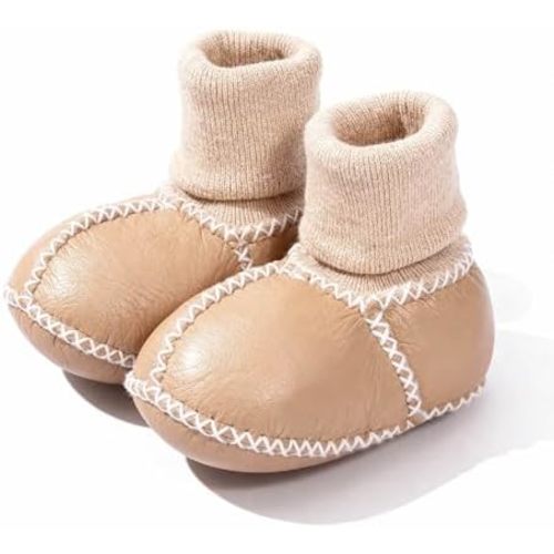 100% Sheepskin Lined Baby Booties: Stay-On Thermal Wool Newborn Shoes Socks - Warm Soft Sole Infant Slippers for Boy Girl 0 to 6 Months - Chestnut