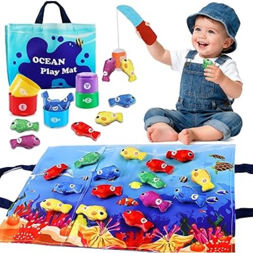 Montessori Toys for 1-2 Year Old - Cloth Ocean Fishing Game with Stacking Cups, Toddler Learning Toy for 12-18 Months, First Birthday Gifts for 1 Year Old Boy Girl, Learn Count and Sort Colors