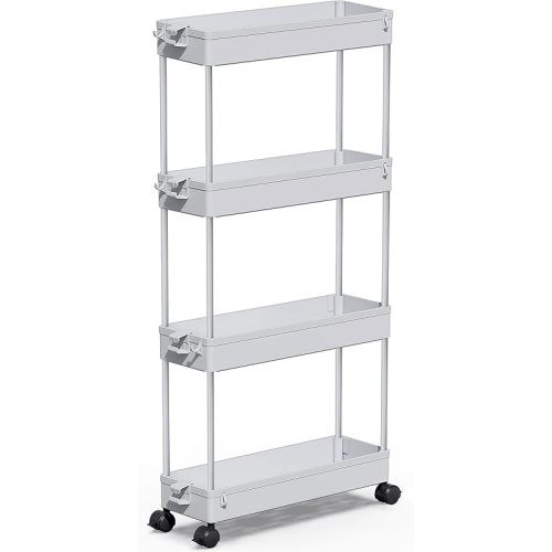 SPACEKEEPER Slim Rolling Storage Cart 4 Tier Bathroom Organizer Mobile Shelving Unit Storage Rolling Utility Cart Tower Rack for Kitchen Bathroom Laundry Narrow Places, Gray