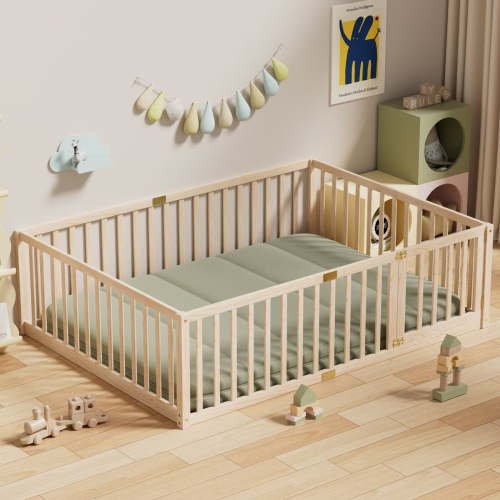 Full Size Floor Bed with 21.6" High Fence for Kids, Solid Wood Multifunctional Montessori Bed Frame with Door, Without Slats, Natural