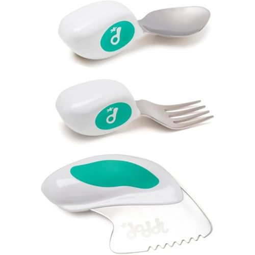 doddl Toddler Utensils, Ergonomic Fork Spoon and Knife Set for Self Feeding, Stainless Steel Silverware for 1-3 Year Olds, BPA Free, Dishwasher Safe (Aqua)
