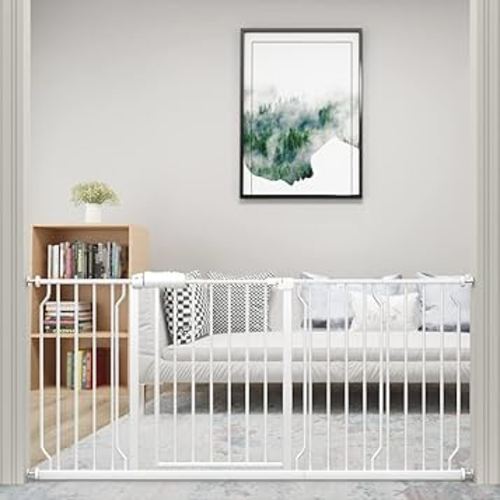 WAOWAO Extra Wide Baby Gate 71.65-76.38" Walk Thru Pressure Mount Auto Close White Metal Child Dog Pet Safety Stairs,Doorways,Kitchen