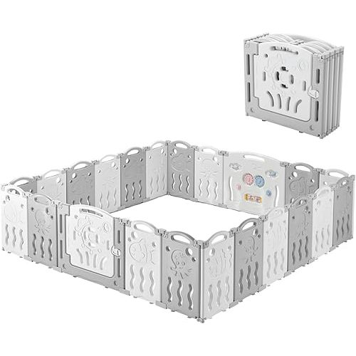 Albott Baby Playpen 22 Panel Foldable Baby playpen Folding Play Pen Kids Activity Centre Safety Play Yard Home Adjustable Shape, Portable Design for Indoor Outdoor Use (White+Grey, 22 Panel)