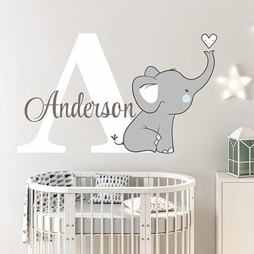 Decor Designs Decals Boys Nursery Baby Grey Elephant Custom Name Personalized Wall Decal Sticker for Playroom Decor or Baby's Room (Multi-Sizes) (with Initial)