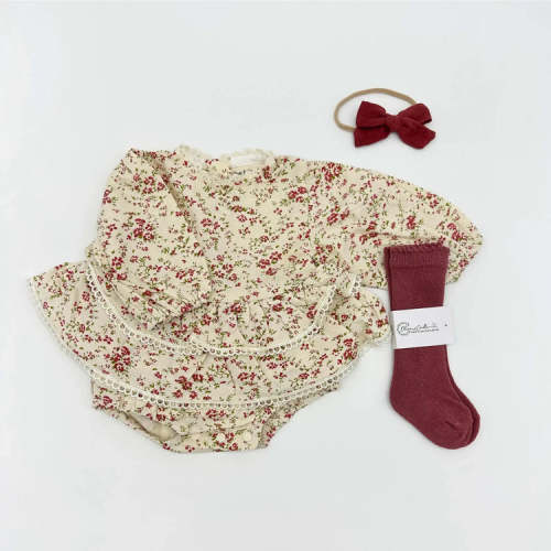 Baby Girl Cream Floral Romper Bow Headband Socks Set Cotton Olive and Cradle – Olive Sprout Kids