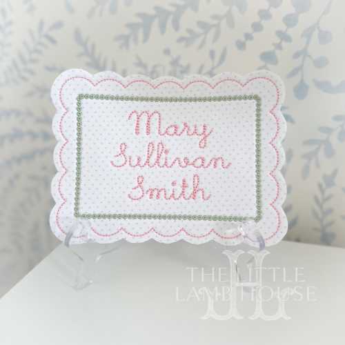 Personalized Baby Pink and Green Dot Name Plaque– 5x7 Embroidered Appliqué Sign – Pink Dot Fabric, Grandmillennial Nursery Announcemen