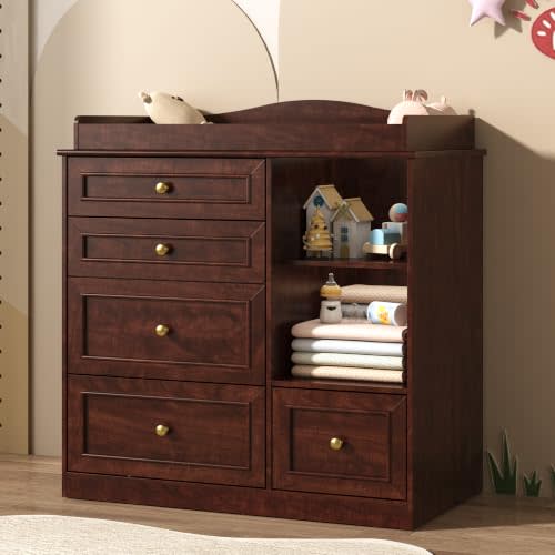 Changing Table Dresser, Baby Nursery Dresser, Diaper Changing Table, Brown | 37 In High Ergonomic, 5 Drawers, Adjustable Shelves, Metal Handle, Curved Wrapping Design, Anti-tip Design