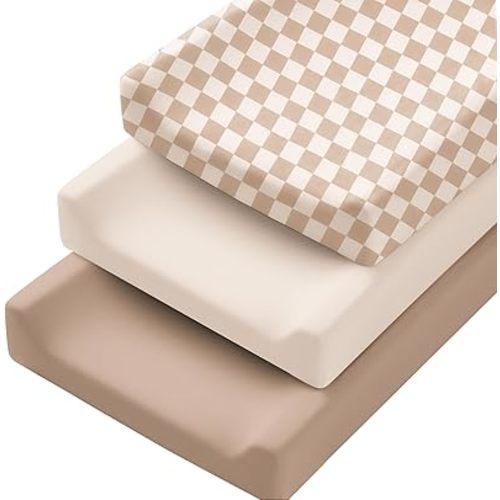 Konssy 3 Pack Stretchy Changing Pad Covers for Girl, Boy, Silky Soft Changing Table Cover, Breathable Baby Nursery Diaper Chang Pad Sheets (Mocha Tartan)