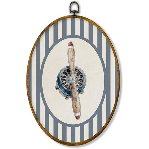 XPH Vintage Plane Engine Boy Nursery Oval Wall Art Framed, Kids Airplane Oval Wall Decor Accents, Blue Striped Airplane Hanging Canvas Prints for Home Kids Boy Nursery Room Playroom Decoration, 8.6x11.4 Inch