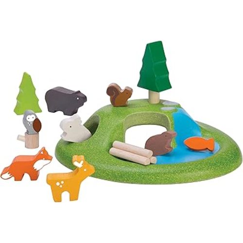 PlanToys® Wooden Animal Toy Set for Toddlers | 16 Pcs Montessori Forest Playset with Trees, Cave, and Mountain | Eco-Friendly Educational Toys for Kids | Open-Ended Nature Pretend Play