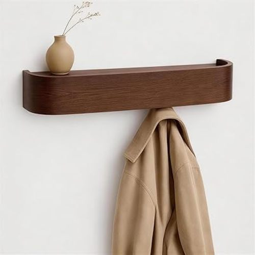 MTZ Solid Wooden Wall Mounted Coat Rack with Shelf & 5 Hidden Hooks – Modern Entryway Coat Hanger, Wood Coat Rack for Jackets, Bags & Keys, Minimalist Wall Hook Rack (Walnut)