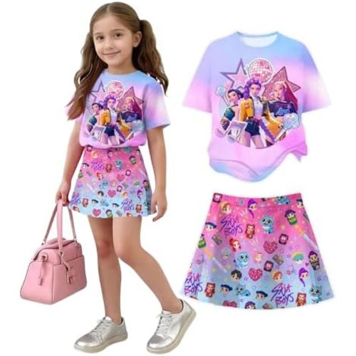 Girls 2-Piece Anime Outfit Set, Short Sleeve Graphic T-Shirt and Printed Skirt Set