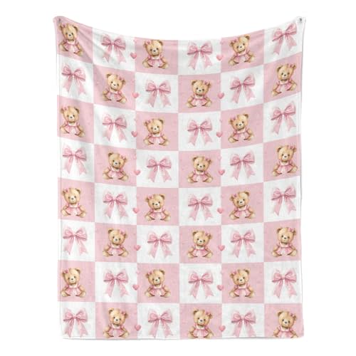 Pink Bow and Cute Bear Blanket, Birthday Gift for Infant,Toddler,Newborn,Nursery,Girl,Throw,Crib,Stroller, 30"x40"