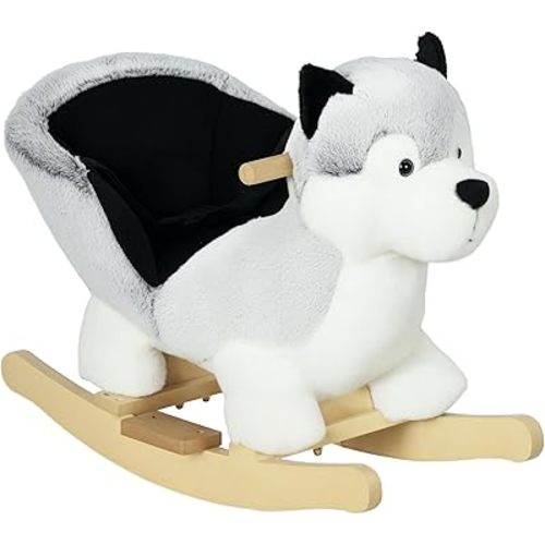 Qaba Wooden Rocking Horse, Husky Themed Rocking Animal for Baby, Animal Rocker Ride-On Toy for Kids 18+ Months with Realistic Sounds, Seat Belt, Gray