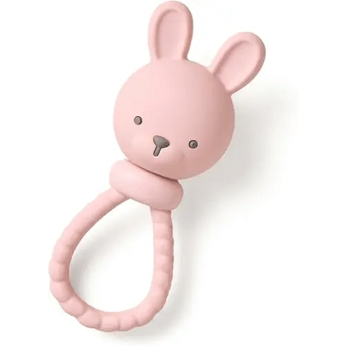 Itzy Ritzy Silicone Rattle Toy, Teething Toy with Soft Jingle Sound (Bunny) | Features Soft Jingle Sound, Hollow Silicone Top & Textured Handle to Soothe Gums for Sensory Exploration & Fine Motor Skills