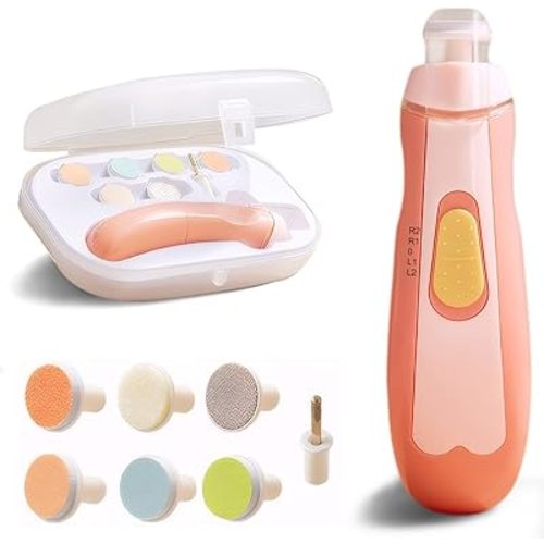 Baby Nail Trimmer Electric | Safe + Easy Baby Nail Trimmer, Baby Nail Clippers + Nail Filer Buffer, Trim Polish Grooming kits for Newborn Toddler or Adults’ Nails, 7 Grinding Heads and LED Light