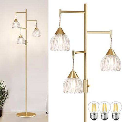 Stepless Dimming Floor Lamps for Living Room, Bedroom, Gold Standing Lamp with 3pcs 6W Bulbs, Vintage Brass Floor Lamp for Corner, Nursery (Clear Tulip)