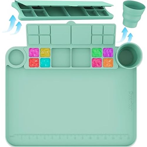 Silicone Painting Mat With Cup and Palette Detachable, 17"X13" Thick Craft Mat With Raised Edge for Artist, Kids Painting Station Creator Mat, Green