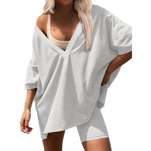 Ekouaer Womens 2 Piece Lounge Set 2025 Summer Outfits Oversized V Neck Tshirts Biker Short Comfy Airport Loungewear