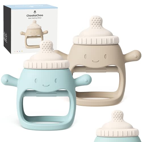 ChooKaChoo 2 Pack Baby Teething Toy for Over 3 Months, Food Grade Silicone Teething Mitten, Anti Dropping Wrist Hand Teethers Baby Chew Toys for Sucking Needs, BPA Free (BabyBottle Blue)
