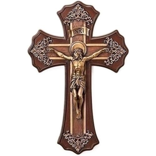 Joseph's Studio by Roman, Cross and Crucifix Collection, 10.25"H VICTORIAN OAK/GOLD, Home Décor, Devout Gift, Prayerful Inspiration (1x6x10)