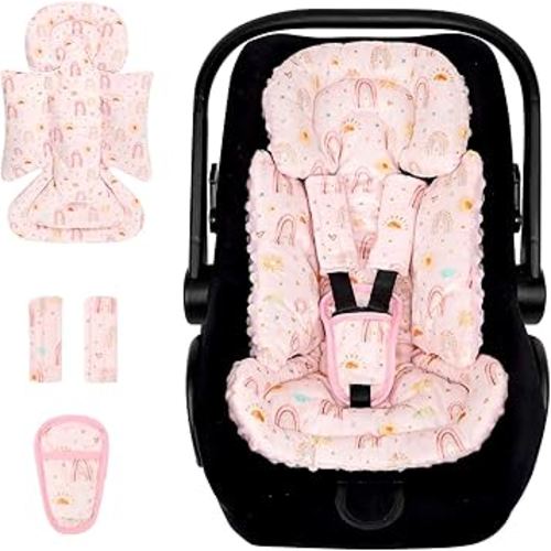 Infant Car Seat Insert and Strap Covers, Very Soft Car Seat Head Support Baby Girl Boy, Reversible Newborn Carseat Insert Cushion Fits for Stroller, Baby Swing, Bouncer (Pink Rainbow)