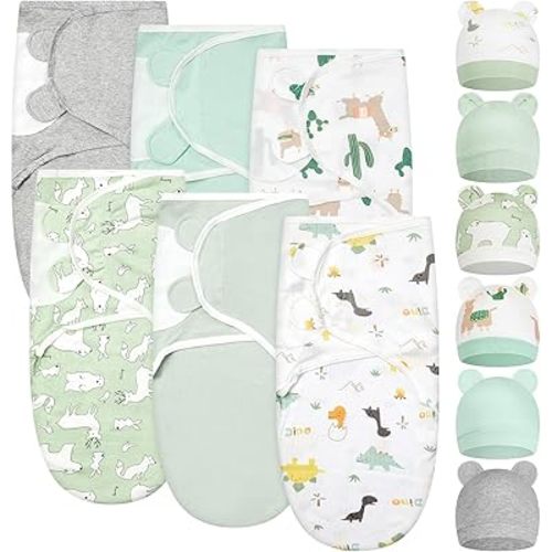 Ramede 6 Pack Baby Swaddle Blanket with Hats Sleep Swaddle for 0-3 Months Newborn Sacks Soft Cotton Wearable for Girl and Boy