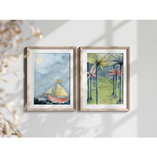 Where the Wild Things Are Inspired Art Prints – Set of 2 Storybook Nursery Watercolor Prints – Adventure Tree + Moon Art – Kids Room Decor