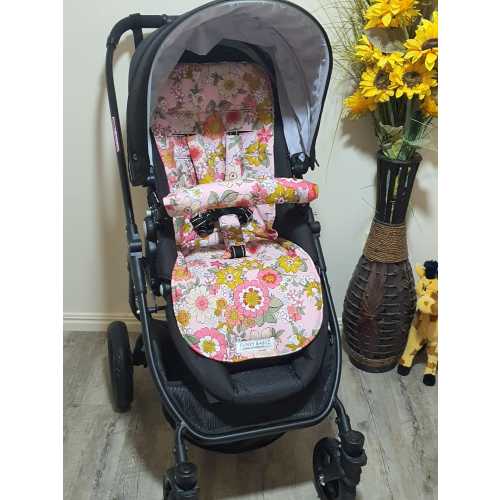 Pram/stroller seat liner-Retro flowers,pink-Australian made