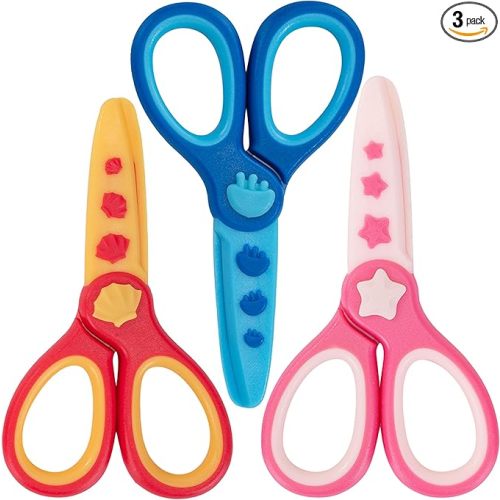 3 Pcs Toddler Safety Craft Scissors, 4.5-inch Pre-School Blunt Tip Plastic First Training Scissors for Kids Ages 2-8, 3-Pack with 3 Colors - Art Craft Classroom Supplies
