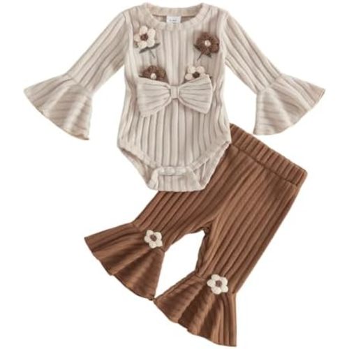 Baby Girl Crochet Outfit Floral Ruffle Romper Bell Bottom Leggings