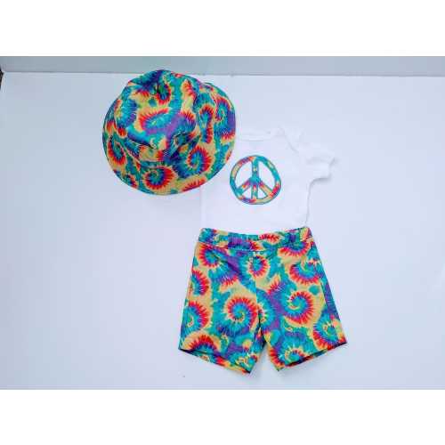 Tie Dye Peace Sign Baby Outfit: Hippie Bodysuit, Shorts & Hat