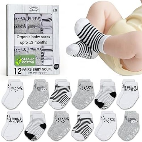 Mother's Choice Organic Cotton Baby Socks 6-12 Months - 12 pairs Unisex, Infant White Socks With Grips, Soft 12 Months Girls & Boy Sock, Play & Gap Baby Slipper Sock Girl Sock for Babies Registry