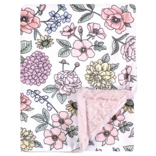 Hudson Baby Girls Plush Blanket with Furry Binding and Back, Vintage Blossom, One Size