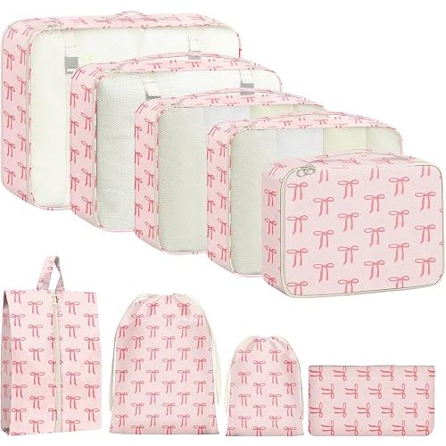 9 Set Packing Cubes for Travel Essentials - Lightweight Carry-On Luggage Organizer Bags with Shoe, Clothes & Laundry Bags for Airplane, Family & Business Travel, Pink bow