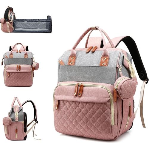 Diaper Bag with Changing Station, Waterproof 3 in 1 Baby Diaper Backpack with Foldable Changing Pad, Pink-Grey