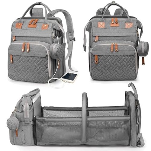 Baby Diaper Bag with Changing Station, Waterproof Diaper Bag Backpack for Moms Dads with USB Charging Port, Baby Shower Gifts, Large Capacity diaper backpack, Grey