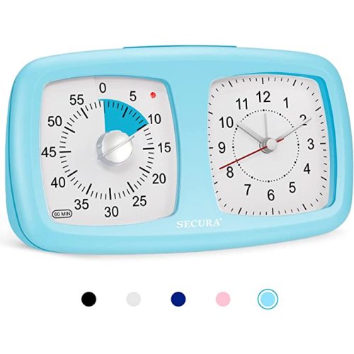 Secura 2 in 1 Visual Timer/Alarm Clock, 60-Minute Silent Study Timer & Table Clock, Time Management Countdown Tool for Kids, Adults, and Teachers (Blue) - 7.5" x4.3" x2.2"