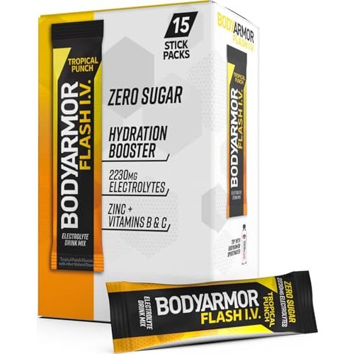 BODYARMOR Flash IV Zero Sugar Electrolyte Mix, Tropical Punch, 15 Ct | Sugar-free Electrolyte Powder Hydration Packets, Coconut Water Drink Mix Packet, 2,290mg Electrolytes, Zinc & Vitamins B + C