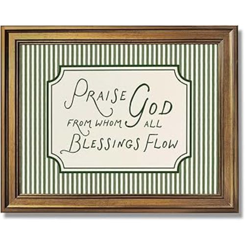 Praise God from Whom All Blessings Flow Christian Wall Art Vintage Hymn Quote Canvas Print Green Striped Bible Verse Decor Faith Spiritual Inspirational Painting for Bedroom 8x12inch Vintage Framed