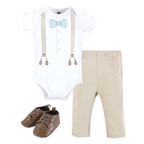 Hudson Baby Infant Boy Cotton Bodysuit, Pant and Shoe Set, Taupe Mint Suspender, 0-3 Months