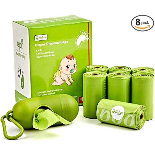 Baby Disposable Diaper Bags, Waste Bags 8 Refill Rolls/120 Bags with Dispenser, Convenient and Quick Diaper Disposal, Unscented
