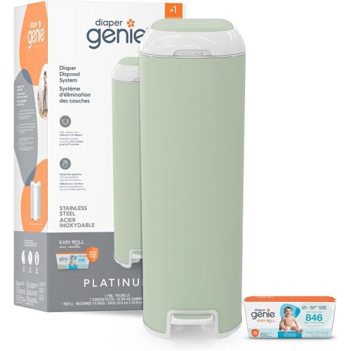 Diaper Genie Platinum Pail with Easy Roll Refill 18 bags, Stainless Steel