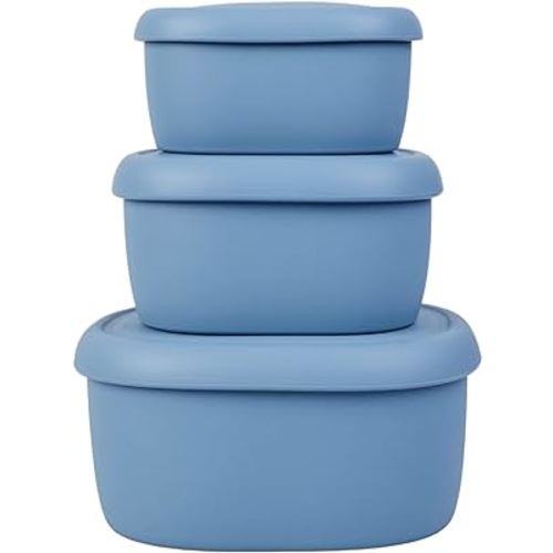 BLUE GINKGO Nesting Silicone Containers - Set of 3 Hard-Shell Silicone Food Storage Containers | BPA Free, Airtight, Dishwasher and Freezer Safe (6.7oz, 10oz, 20oz) - Blue