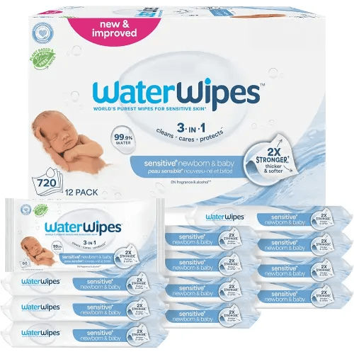 WaterWipes Sensitive+ Newborn & Baby Wipes, 3-In-1 Cleans, Cares, Protects, 99.9% Water, Unscented & Hypoallergenic, 720 Count (12 Packs)