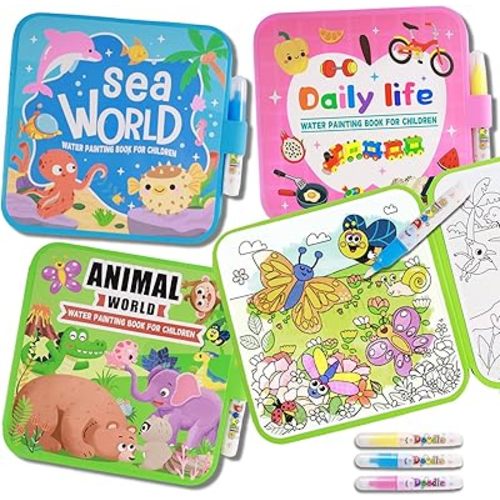 YECHISY Reusable Water Painting Books for Kids: 3 Pack Mess-Free Magic Water Coloring Books - Paint with Water Books, No Mess Coloring Travel Activity Toys for Toddlers Ages 3+