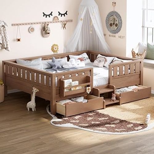 Bellemave Queen Size Bed with Slats and Stairs, Queen Size Platform Bed Frame with Fence, Bookshelf and Storage Drawers, Easy Assemble Beds for Girls, Boys, Natural