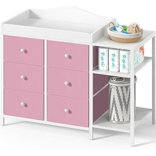 BOLUO Baby Dresser with Changing Table Top, Changing Table Dresser with 6 Fabric Drawers Diaper Changing Station with Storage Shelf for Nursery Modern