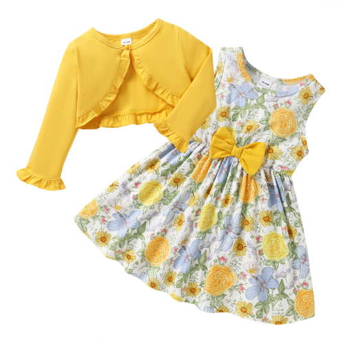 Younger Tree Baby Girl Fall Dresses Cardigan 2PCS Clothes Set Floral Print Sleeveless Sundress and Long Sleeve Coat Sets for 12-18 Months