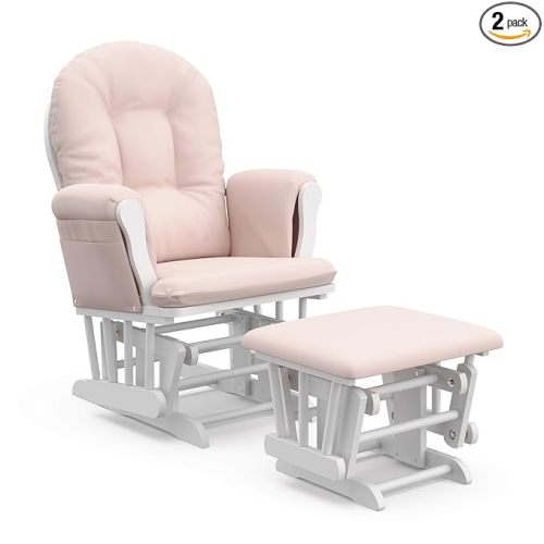 Storkcraft Premium Hoop Glider & Ottoman (White/Pink) — GREENGUARD Gold Certified Nursery Glider, Solid Wood Craftsmanship, Smooth-Gliding Nursery Chair and Ottoman, Award-Winning